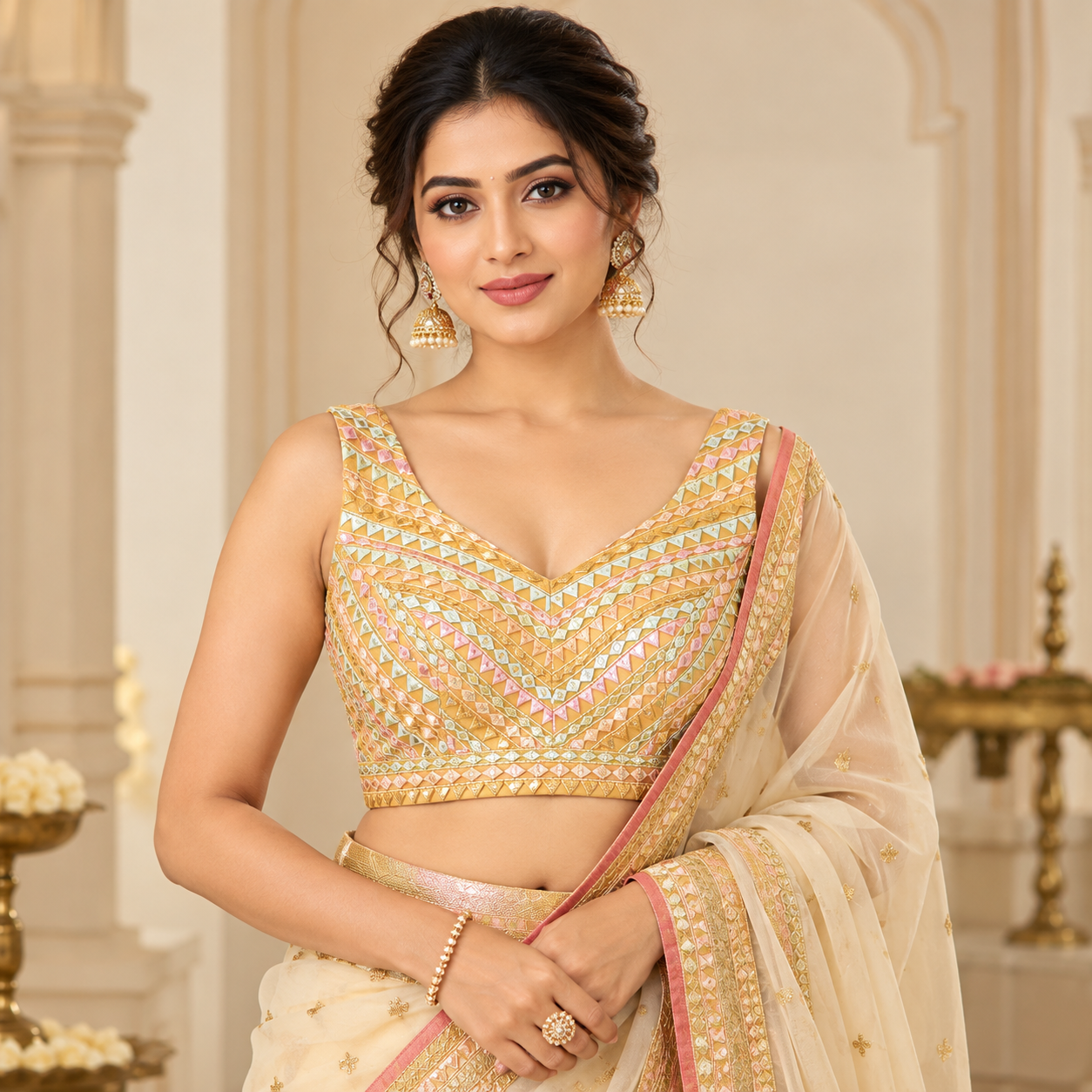 Premium Golden Yellow Mirror Work Designer Blouse – Multicolour Geometric Embroidery