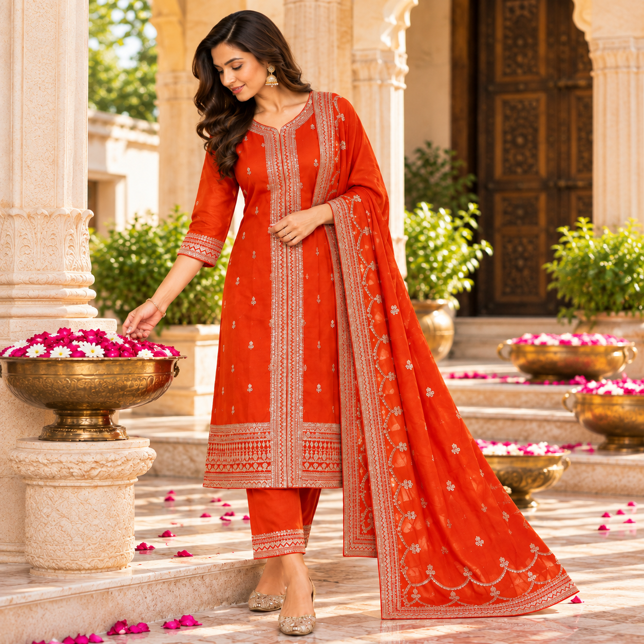 Elegant Orange Red Embroidered Salwar Suit with Designer Chunni