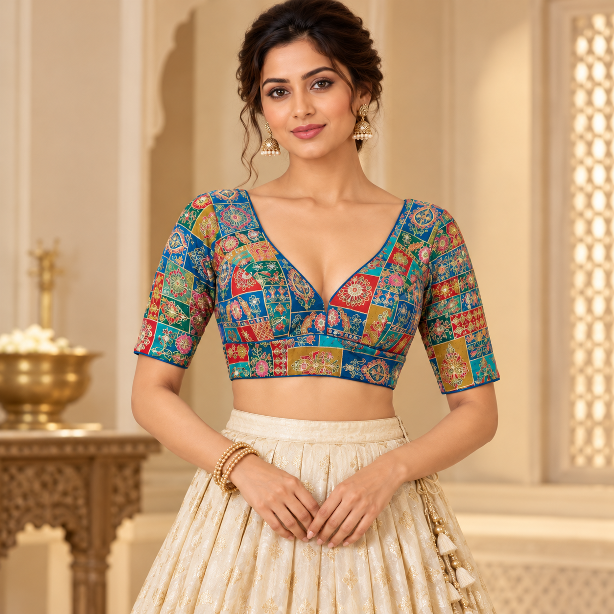 Multicolor Embroidered V-Neck Blouse with Elbow Sleeves – Designer Ethnic Wear