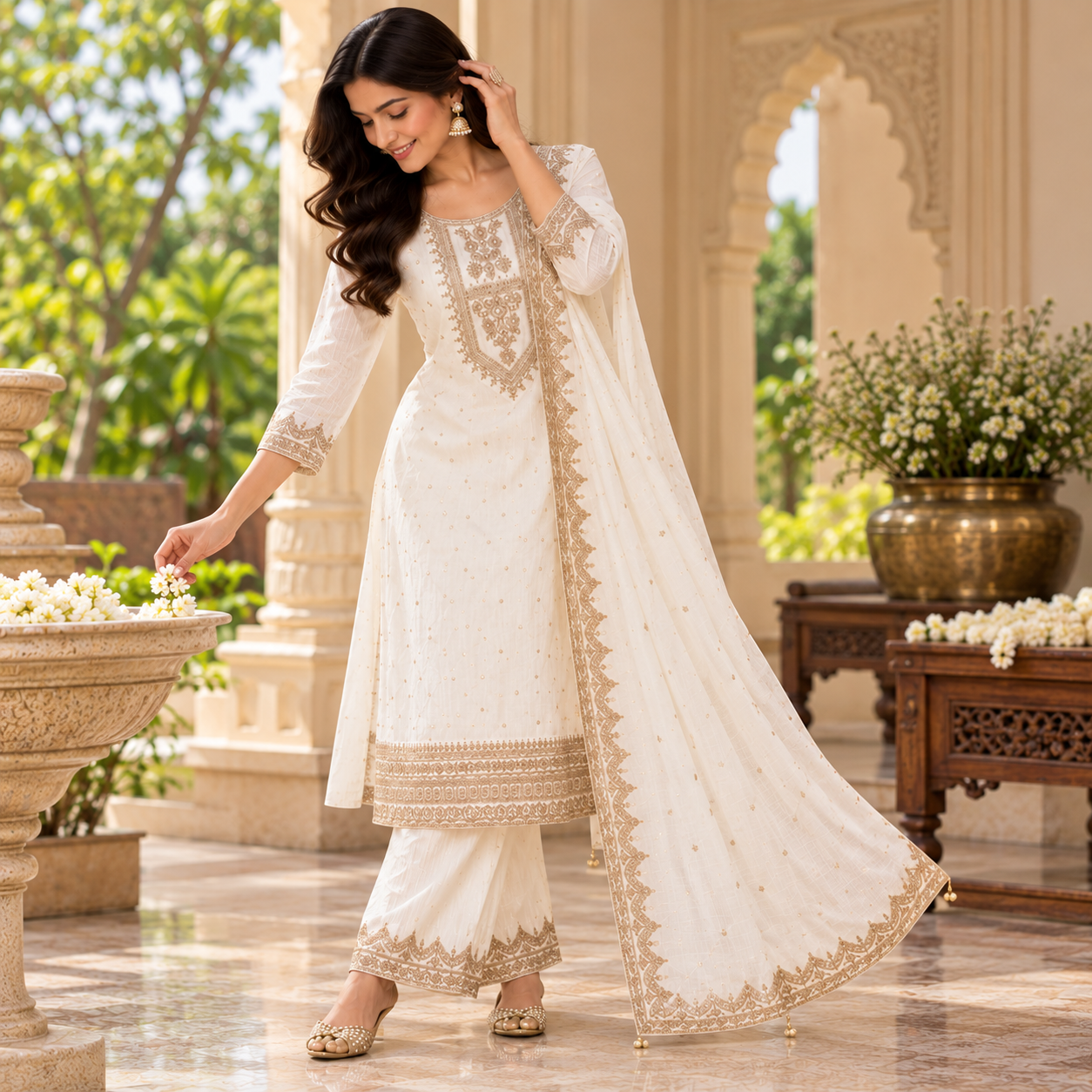 Ivory White & Gold Embroidered Kurta Set