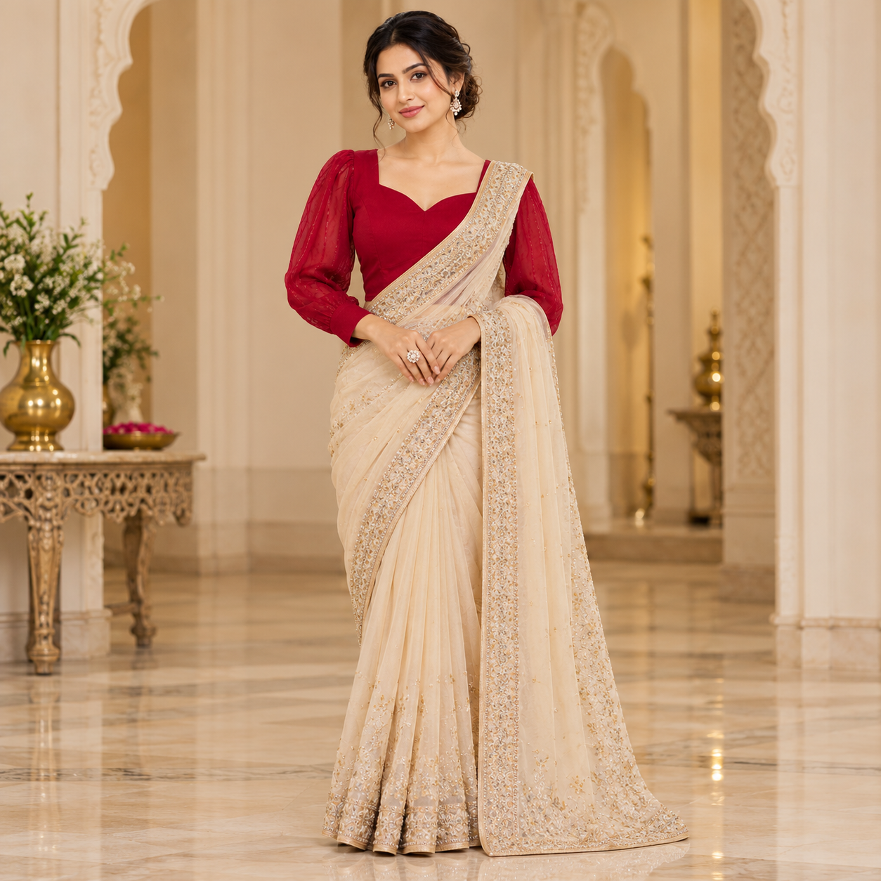 Elegant Maroon Puff Sleeve Designer Blouse with Ivory Floral Embroidered Lehenga Skirt