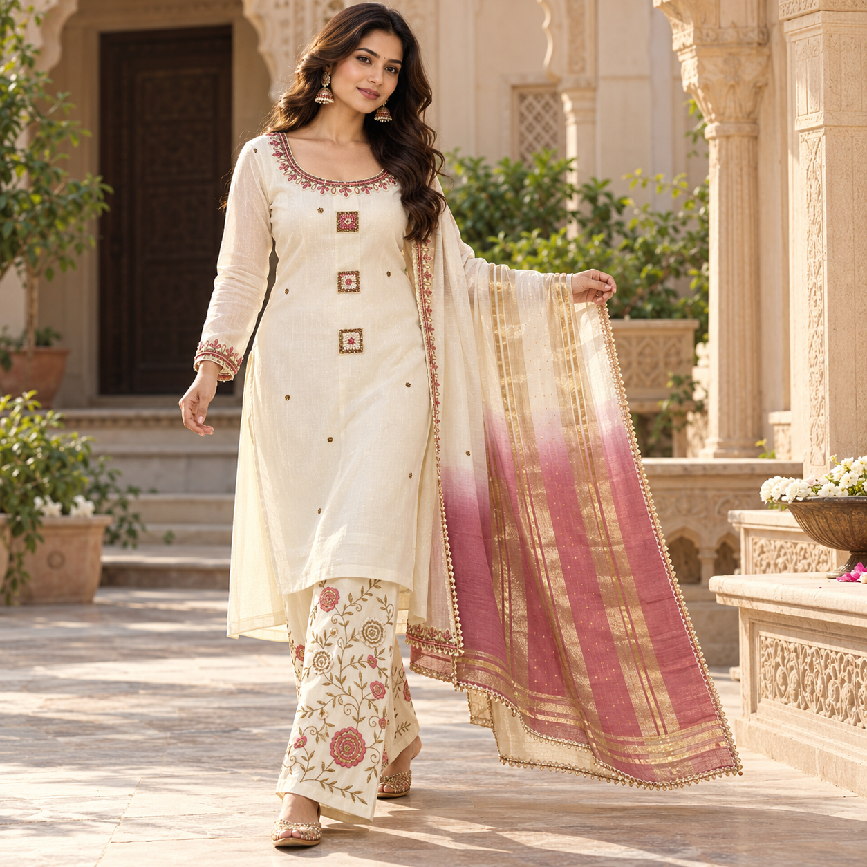 Ivory Embroidered Kurta Set with Rose Pink and Gold Dupatta