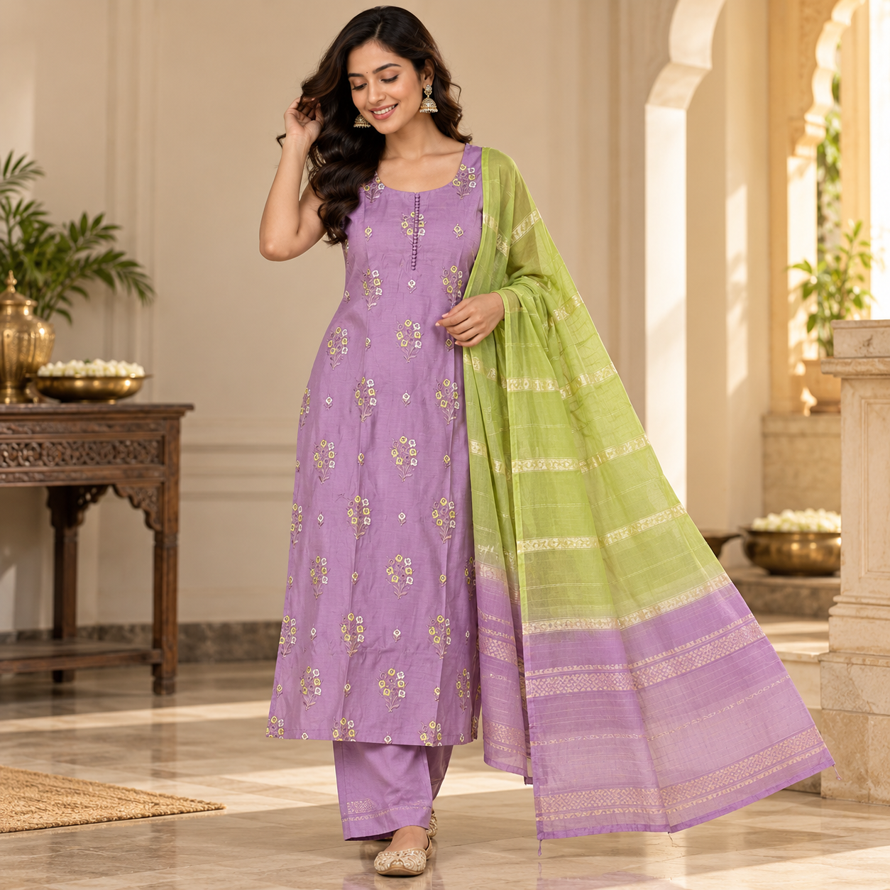 Lavender Floral Embroidered Kurta Set with Lime Green Dupatta