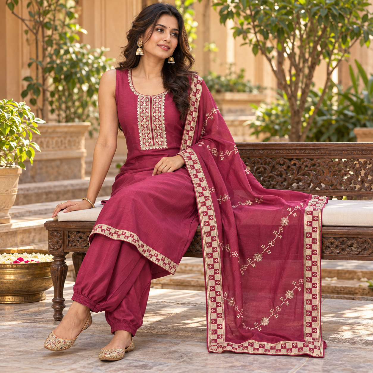 Wine Magenta Embroidered Salwar Suit with Matching Dupatta