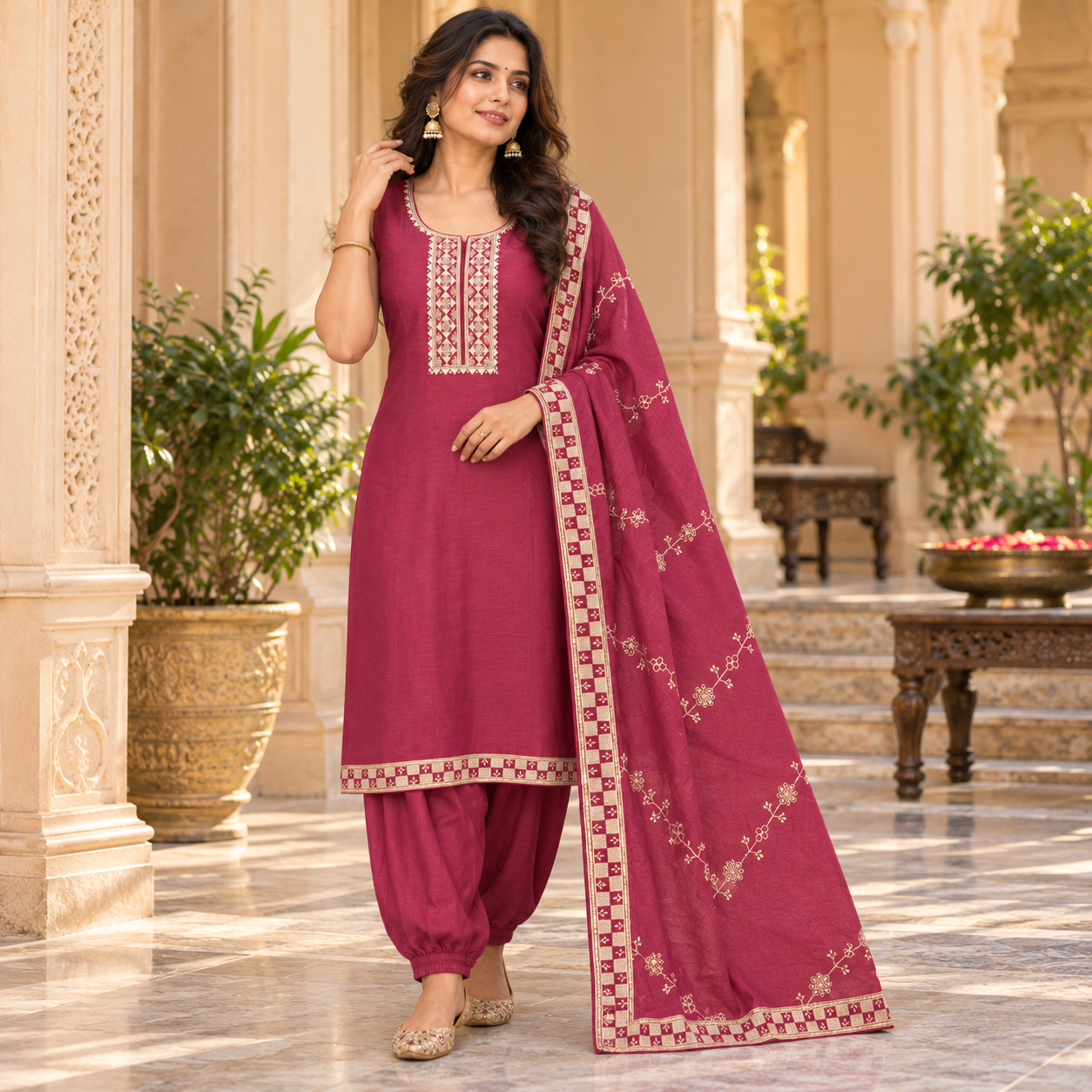 Wine Magenta Embroidered Salwar Suit with Matching Dupatta