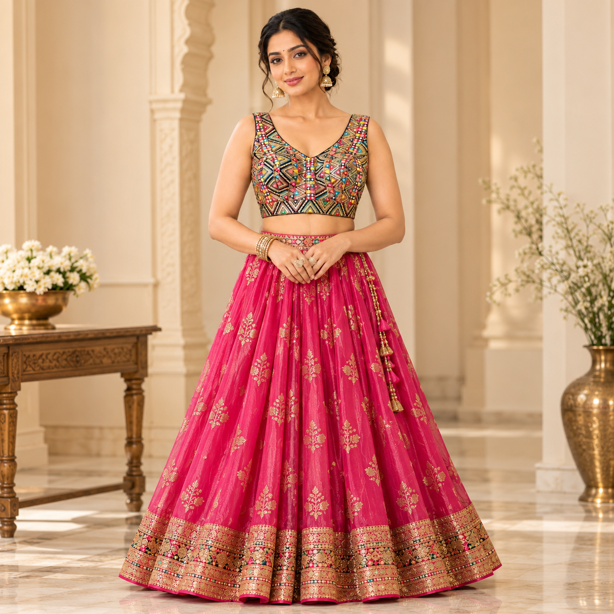 Multicolour Mirror Work Designer Blouse with Hot Pink Embroidered Lehenga Skirt Set