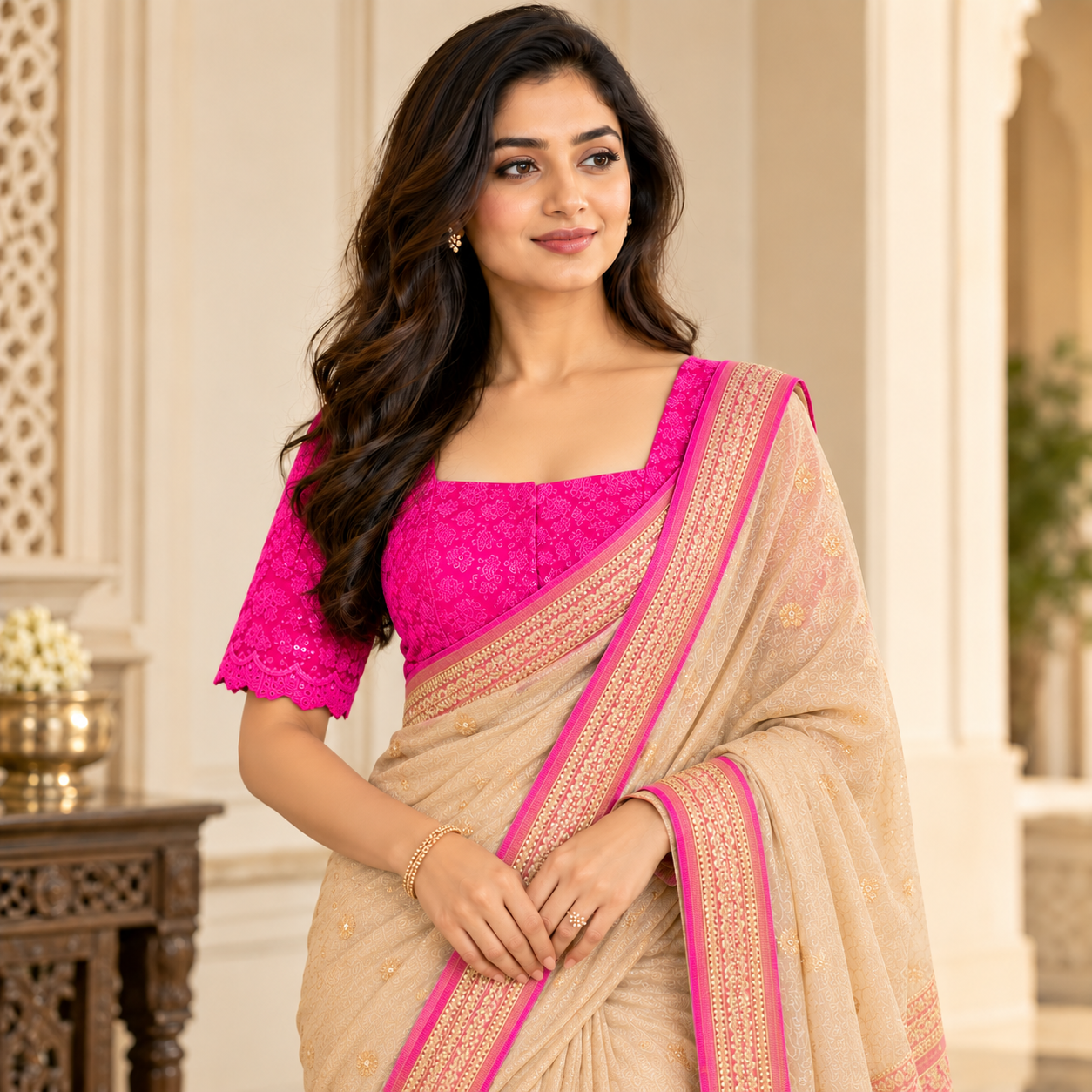 Rangoli Premium Fuchsia Pink Floral Embroidered Blouse with Scalloped Sleeves