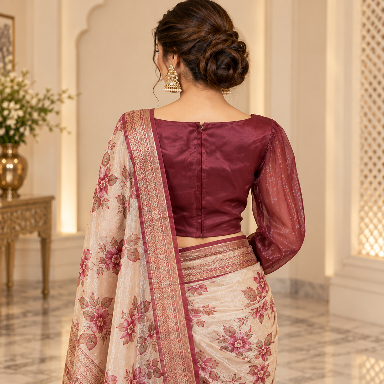 Elegant Wine Maroon Designer Blouse with Sheer Puff Sleeves – Premium Ethnic Wear