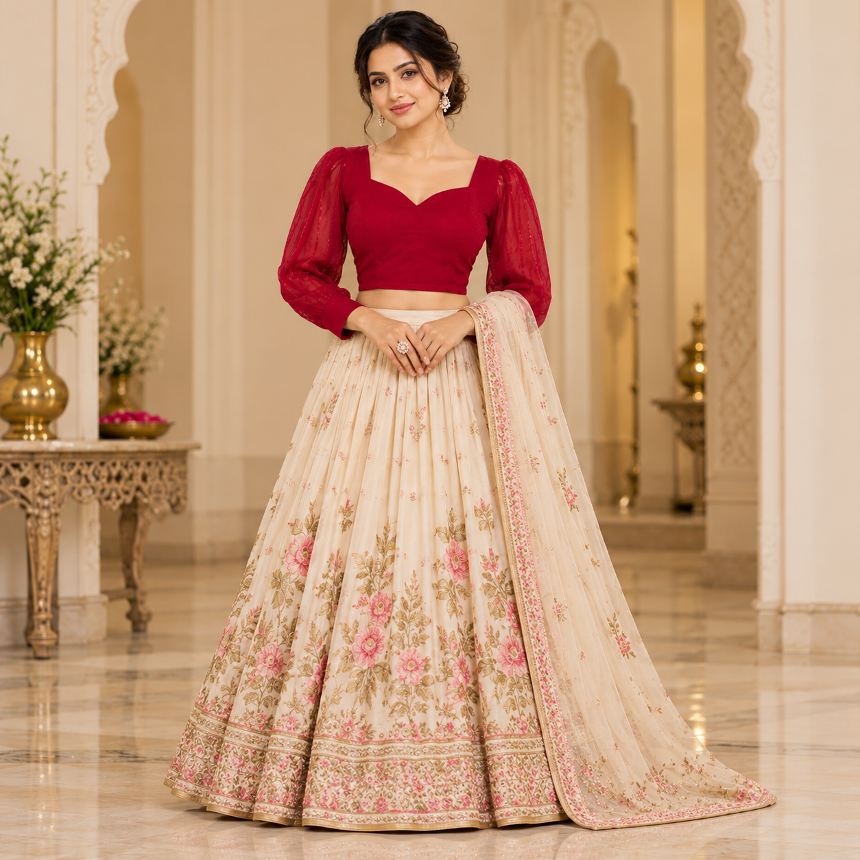 Elegant Maroon Puff Sleeve Designer Blouse with Ivory Floral Embroidered Lehenga Skirt