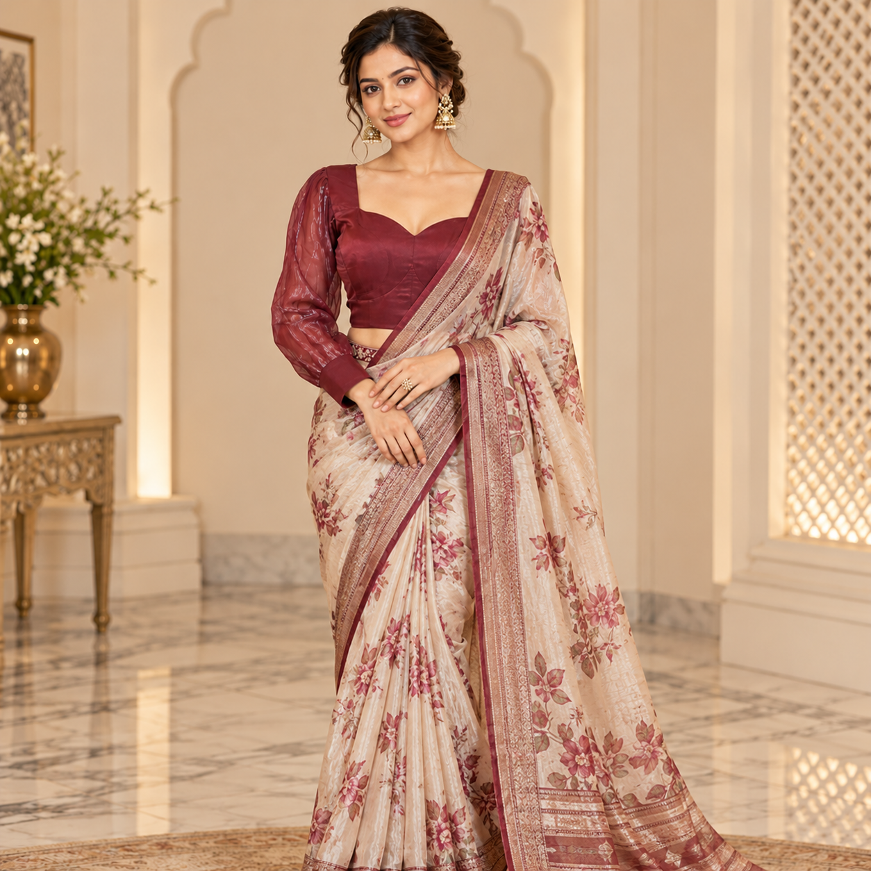 Elegant Wine Maroon Designer Blouse with Sheer Puff Sleeves – Premium Ethnic Wear