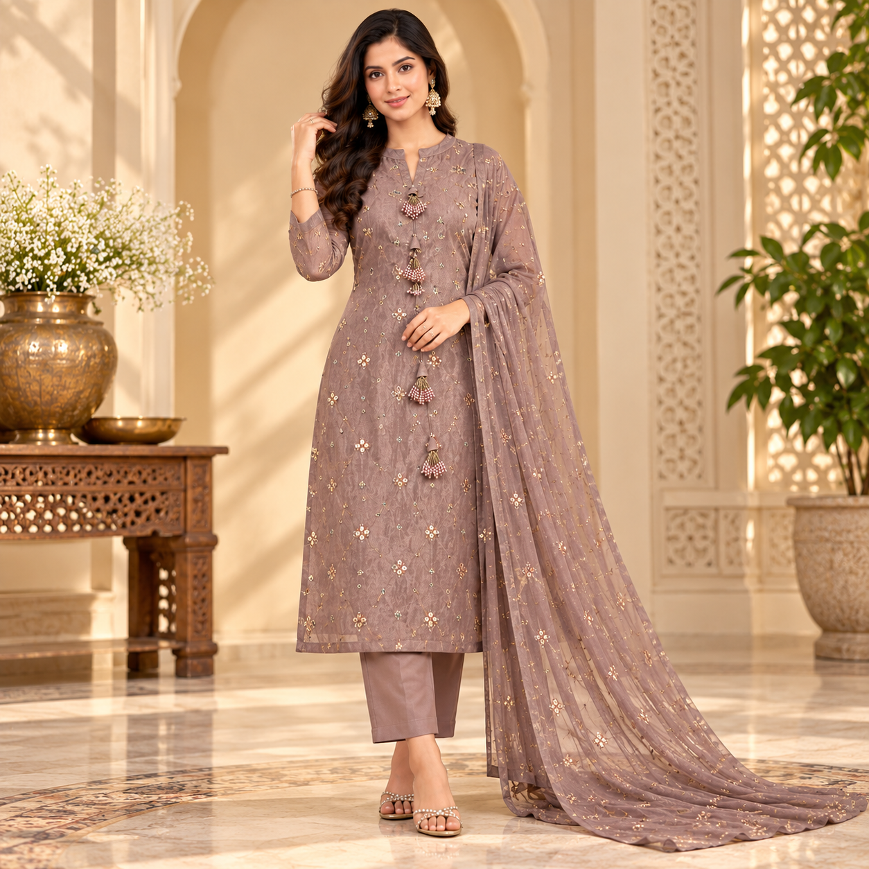 Elegant Mauve Embroidered Kurta Set with Matching Pants and Net Dupatta