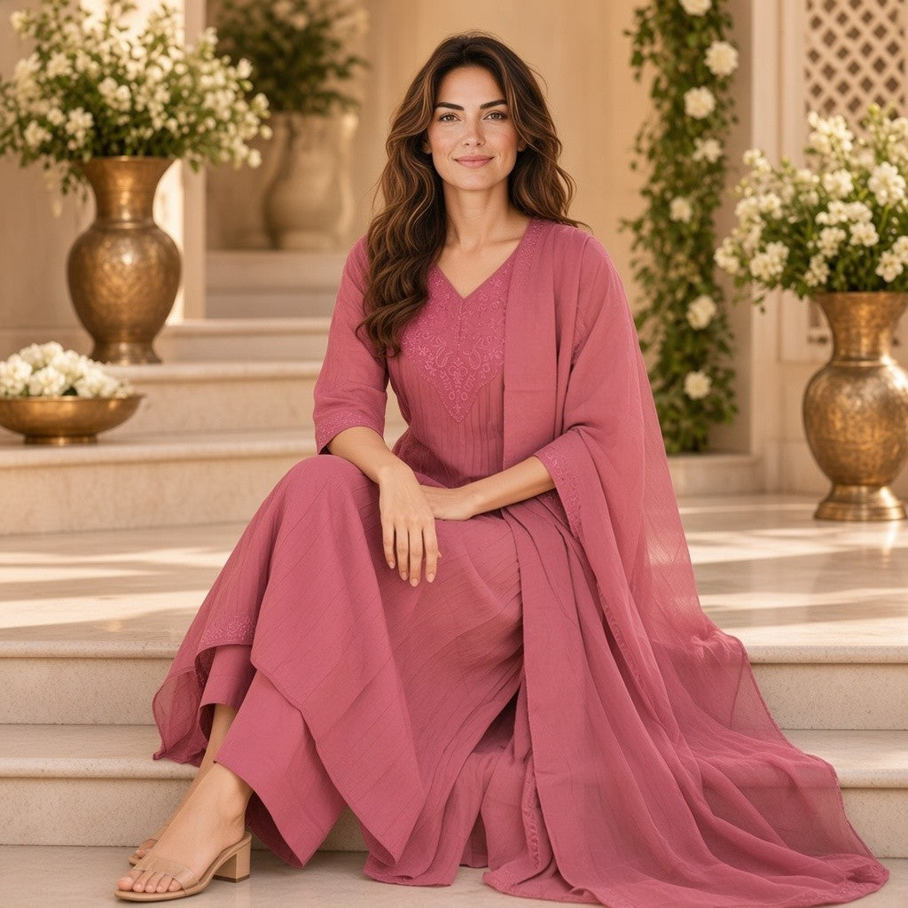 Elegant Rose Pink Embroidered Kurta Set
