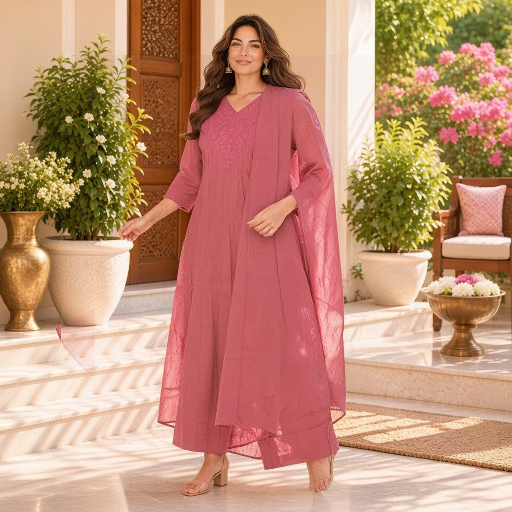 Elegant Rose Pink Embroidered Kurta Set