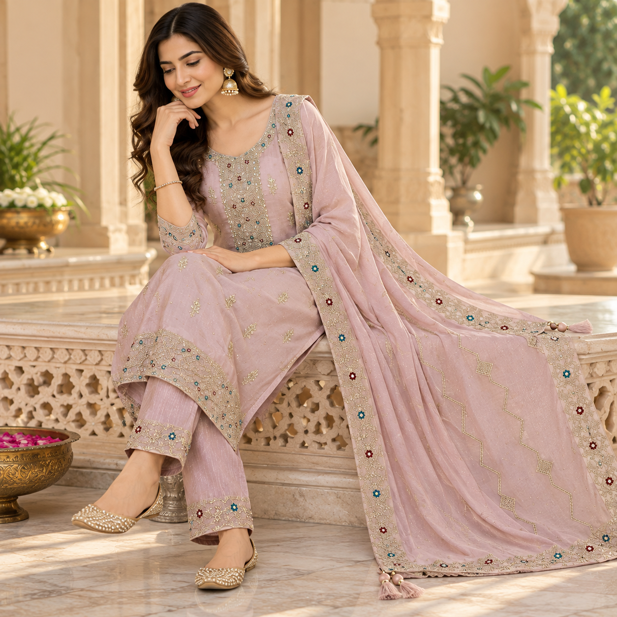 Dusty Mauve Embroidered Kurta Set with Designer Dupatta