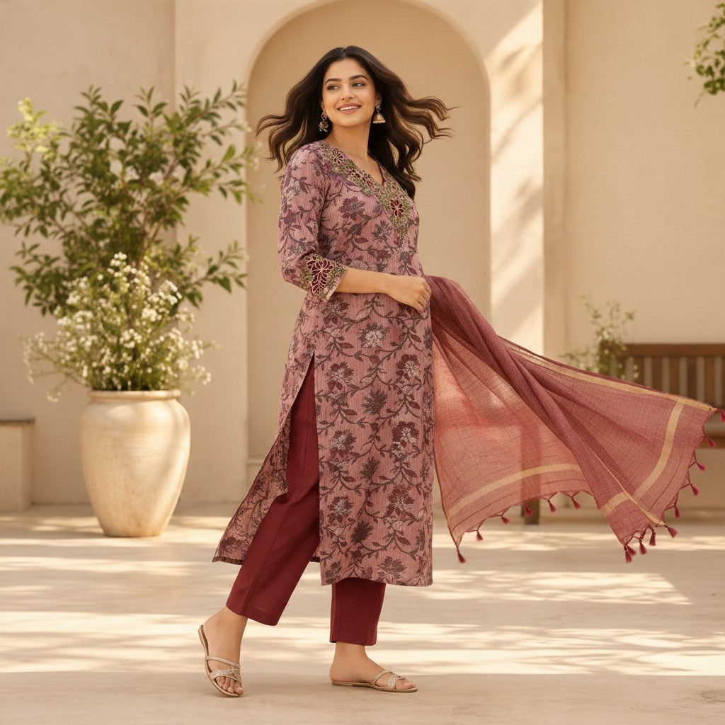 Dusty Rose Floral Embroidered Kurta Set with Dupatta