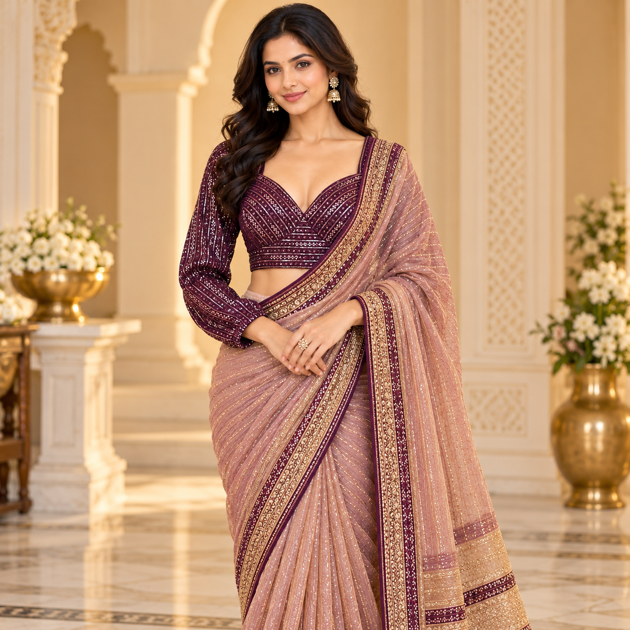 Elegant Deep Plum Sequin Designer Blouse with Long Sleeves – Premium Ethnic Wear