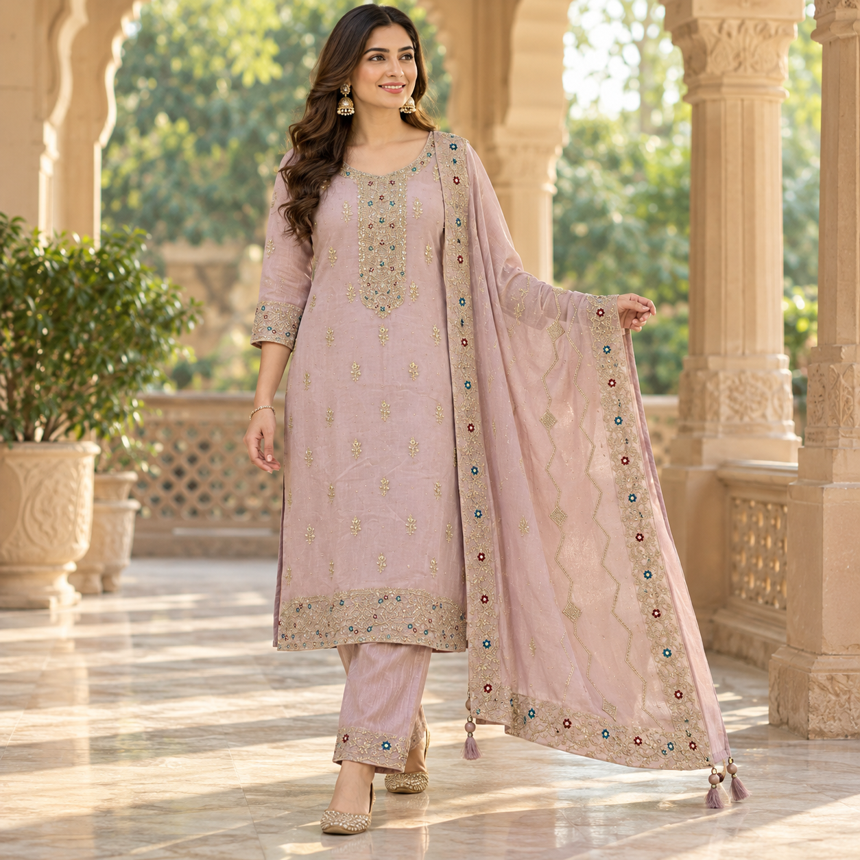 Dusty Mauve Embroidered Kurta Set with Designer Dupatta
