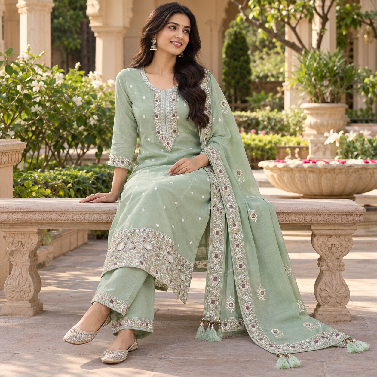 Pastel Mint Green Embroidered Kurta Set with Matching Pants and Designer Dupatta