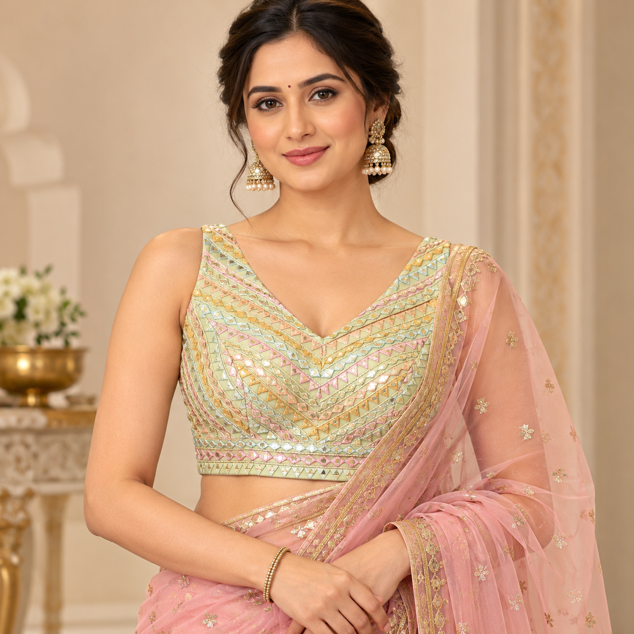 Pastel Mint Green Mirror Work Designer Blouse – Multicolour Geometric Embroidery with V-Neckline