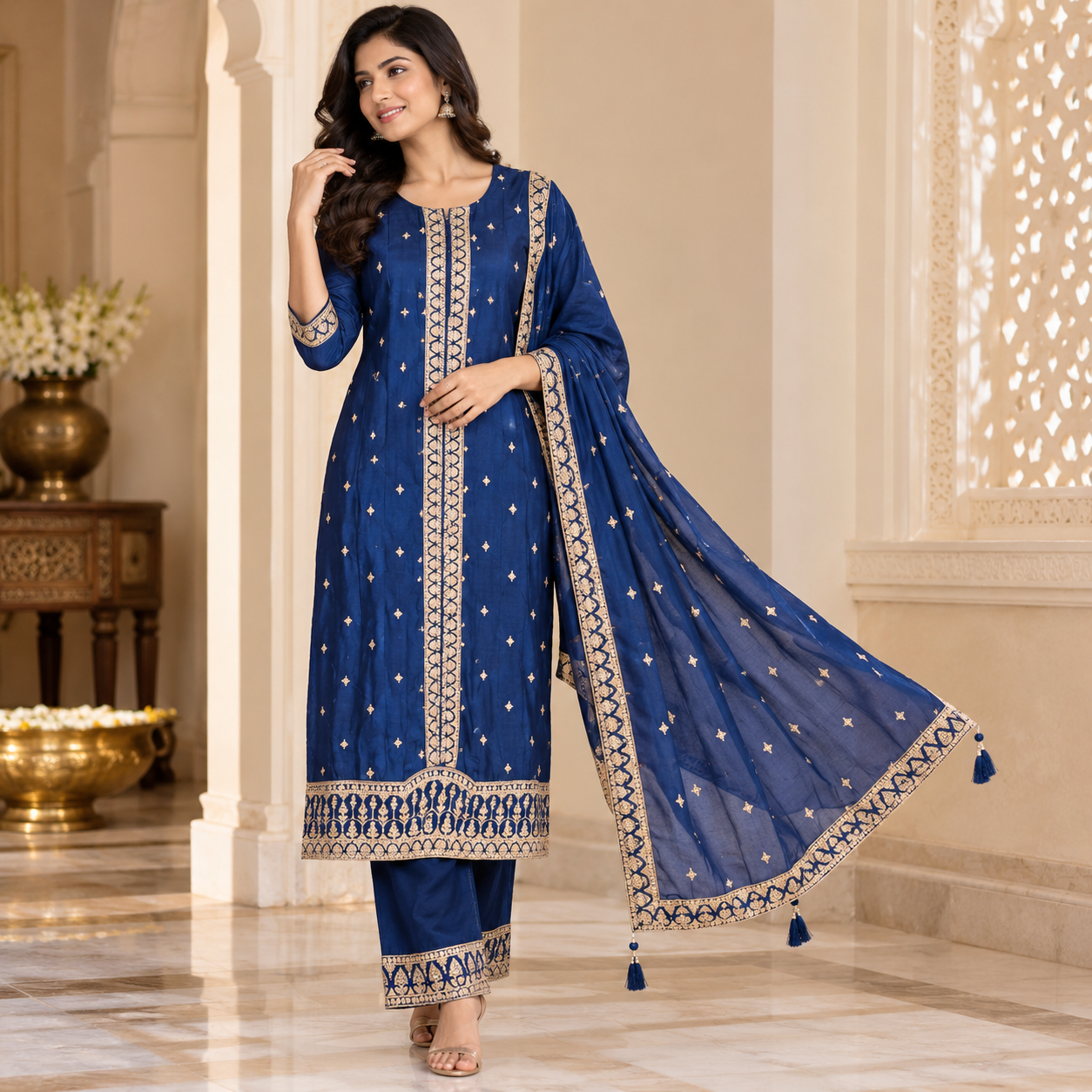 Royal Blue Embroidered Salwar Suit with Gold Detailing & Flowing Dupatta