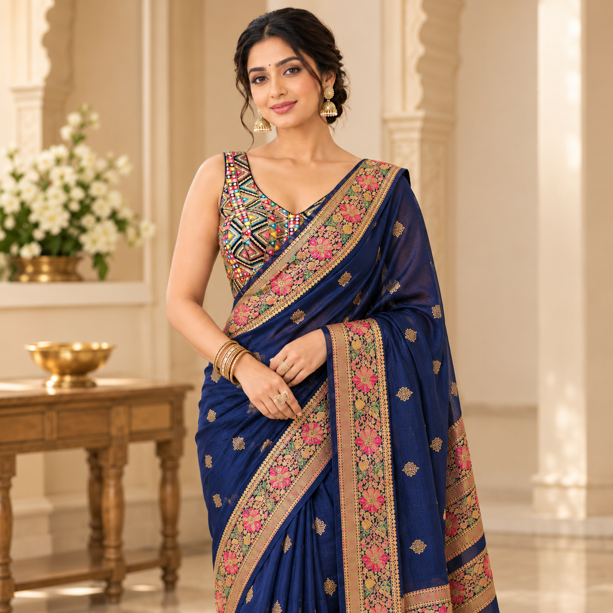 Multicolour Mirror Work Designer Blouse with Hot Pink Embroidered Lehenga Skirt Set
