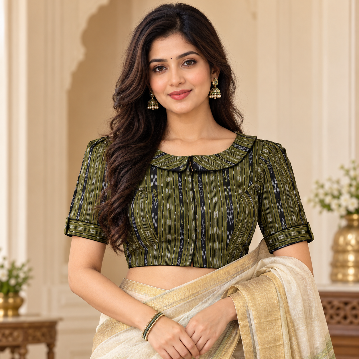 Olive Green Ikat Printed Blouse with Peter Pan Collar and Short Sleeves
