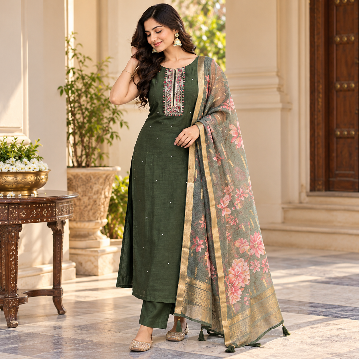 Olive Green Embroidered Kurta Set with Floral Printed Dupatta