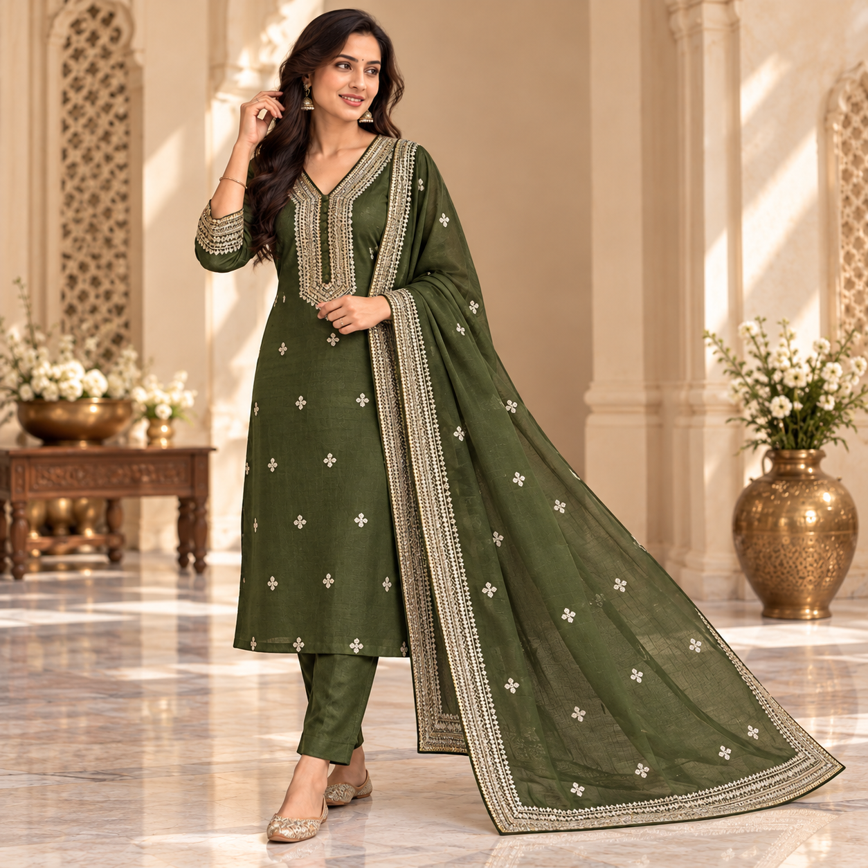 Elegant Olive Green Embroidered Salwar Suit with Flowing Dupatta