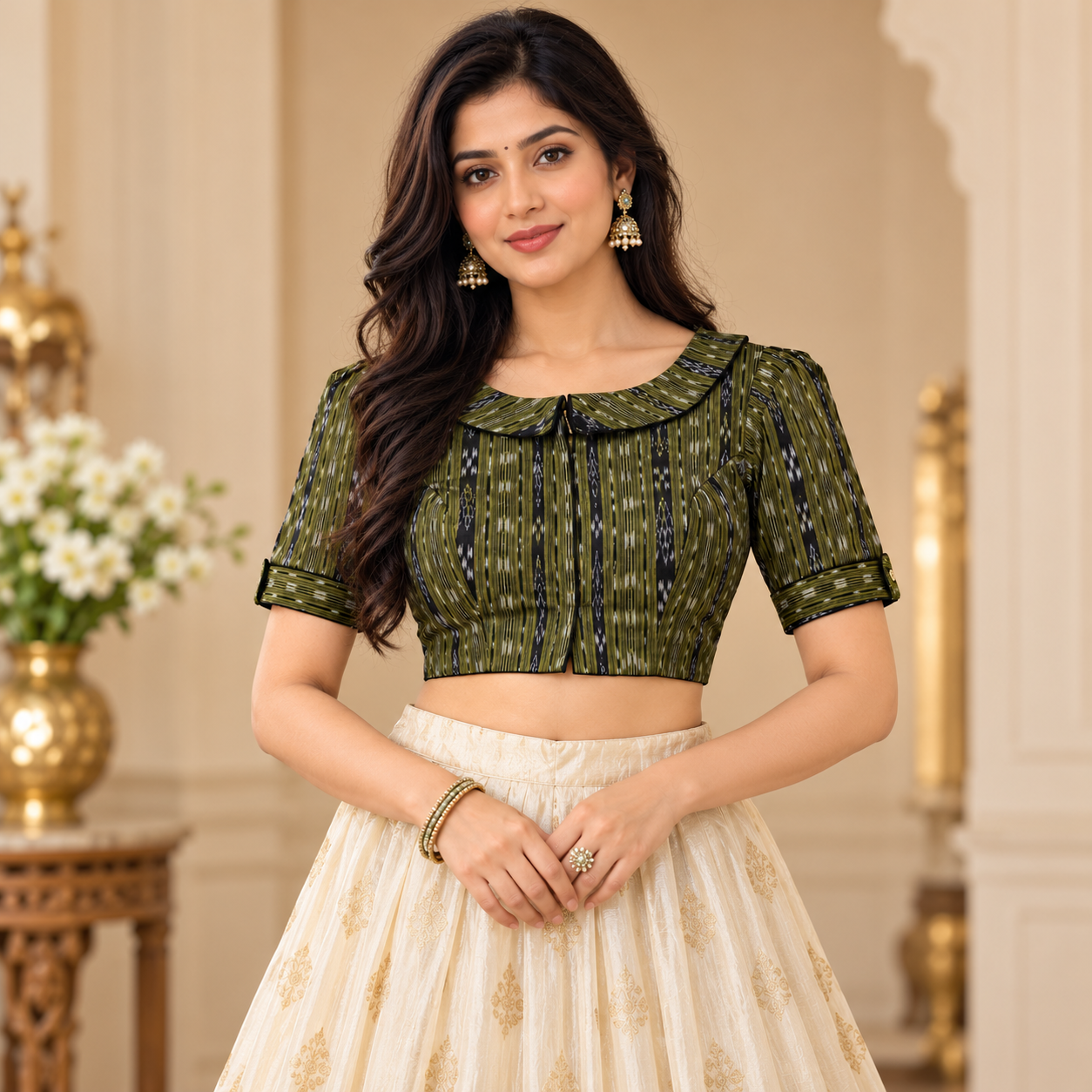 Olive Green Ikat Printed Blouse with Peter Pan Collar and Short Sleeves