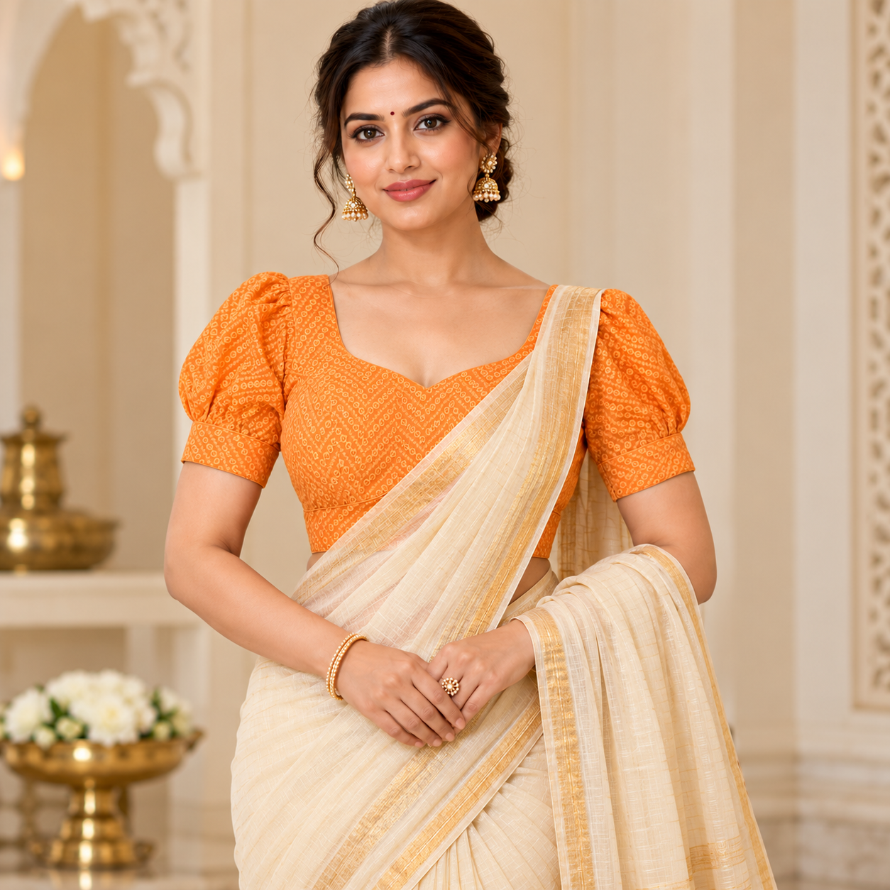 Elegant Orange Embroidered Puff Sleeve Blouse with Ivory Gold Flared Skirt