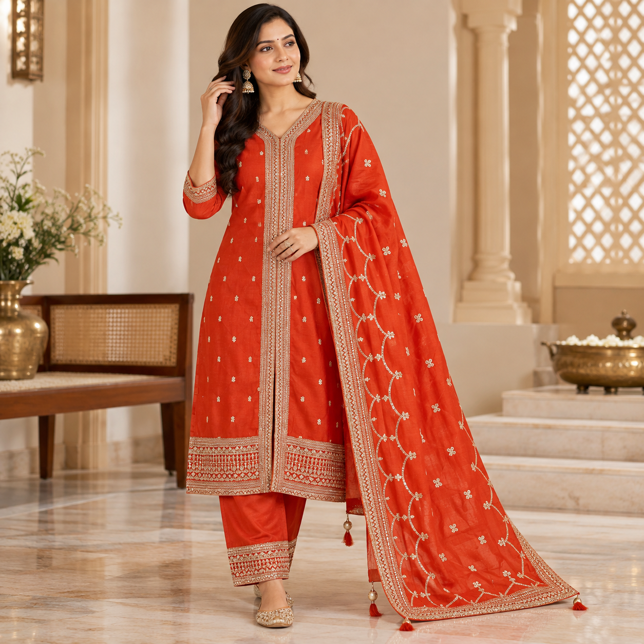 Elegant Red Embroidered Salwar Suit with Designer Dupatta