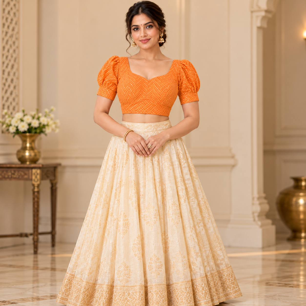 Elegant Orange Embroidered Puff Sleeve Blouse with Ivory Gold Flared Skirt