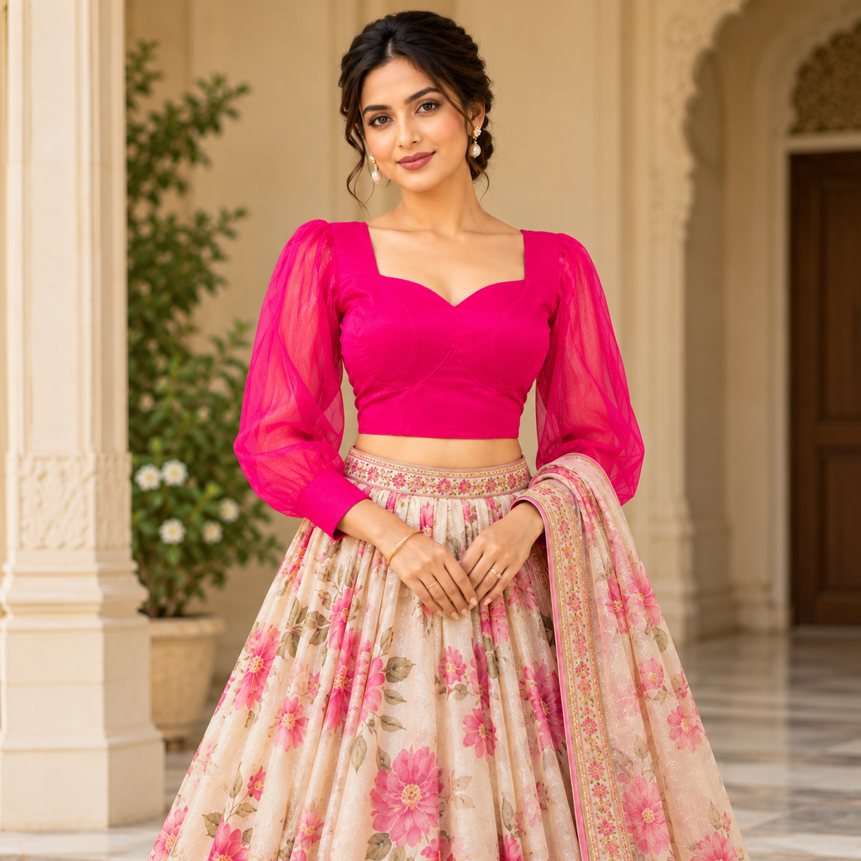 Hot Pink Sweetheart Neck Blouse with Sheer Puff Sleeves for Women