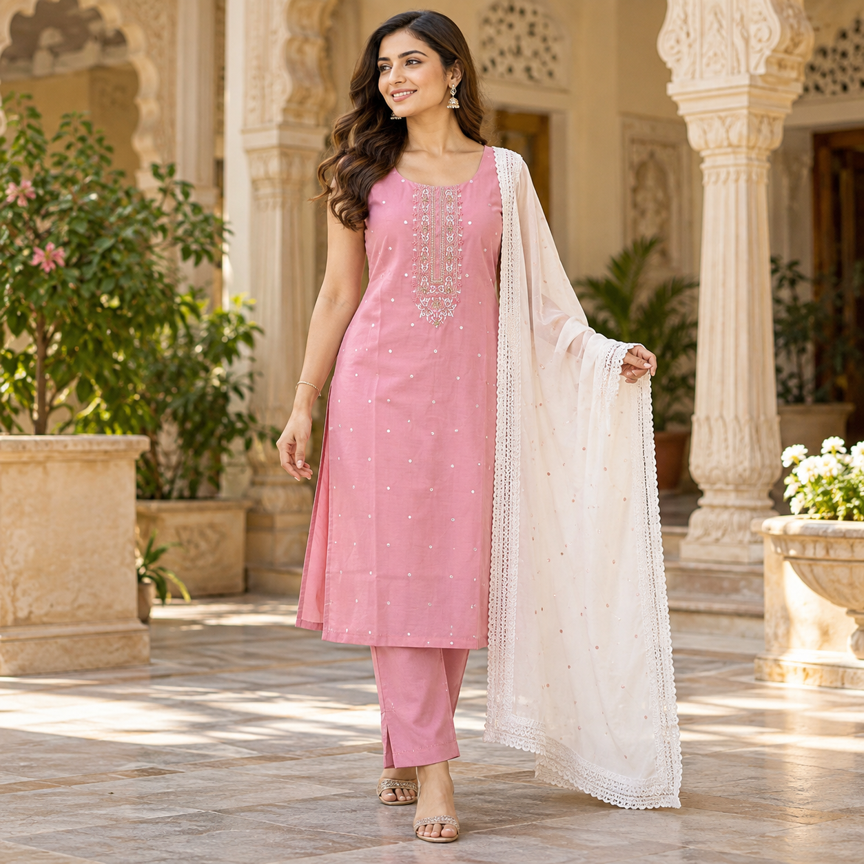Elegant Pink Embroidered Salwar Suit with White Lace Dupatta