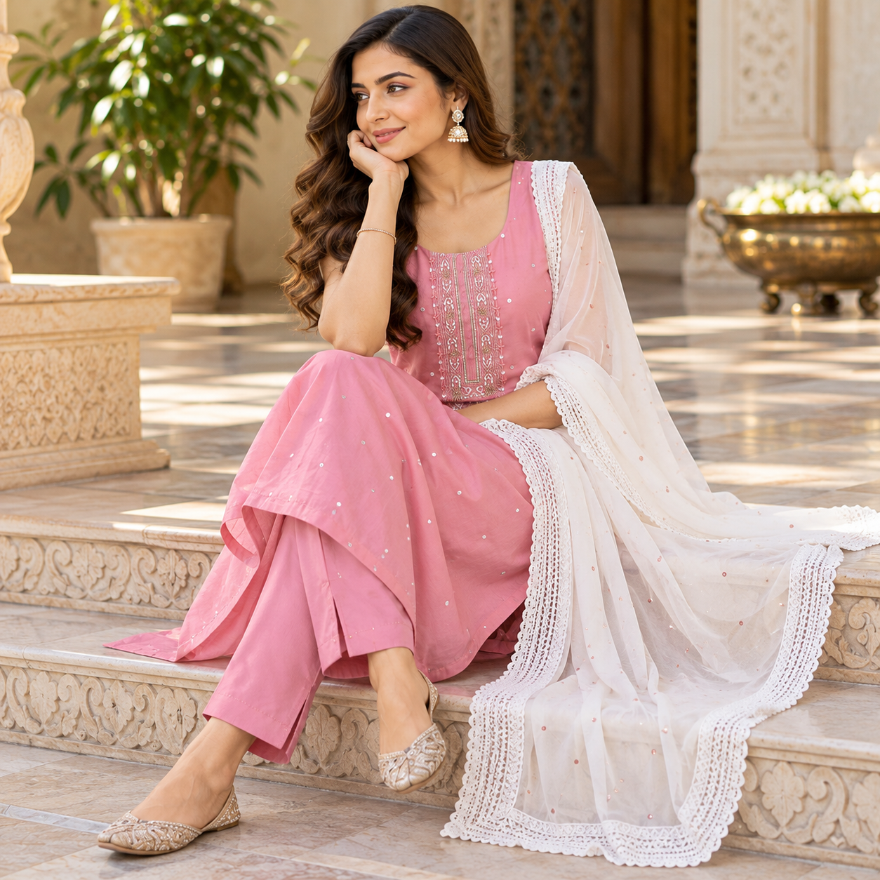 Elegant Pink Embroidered Salwar Suit with White Lace Dupatta