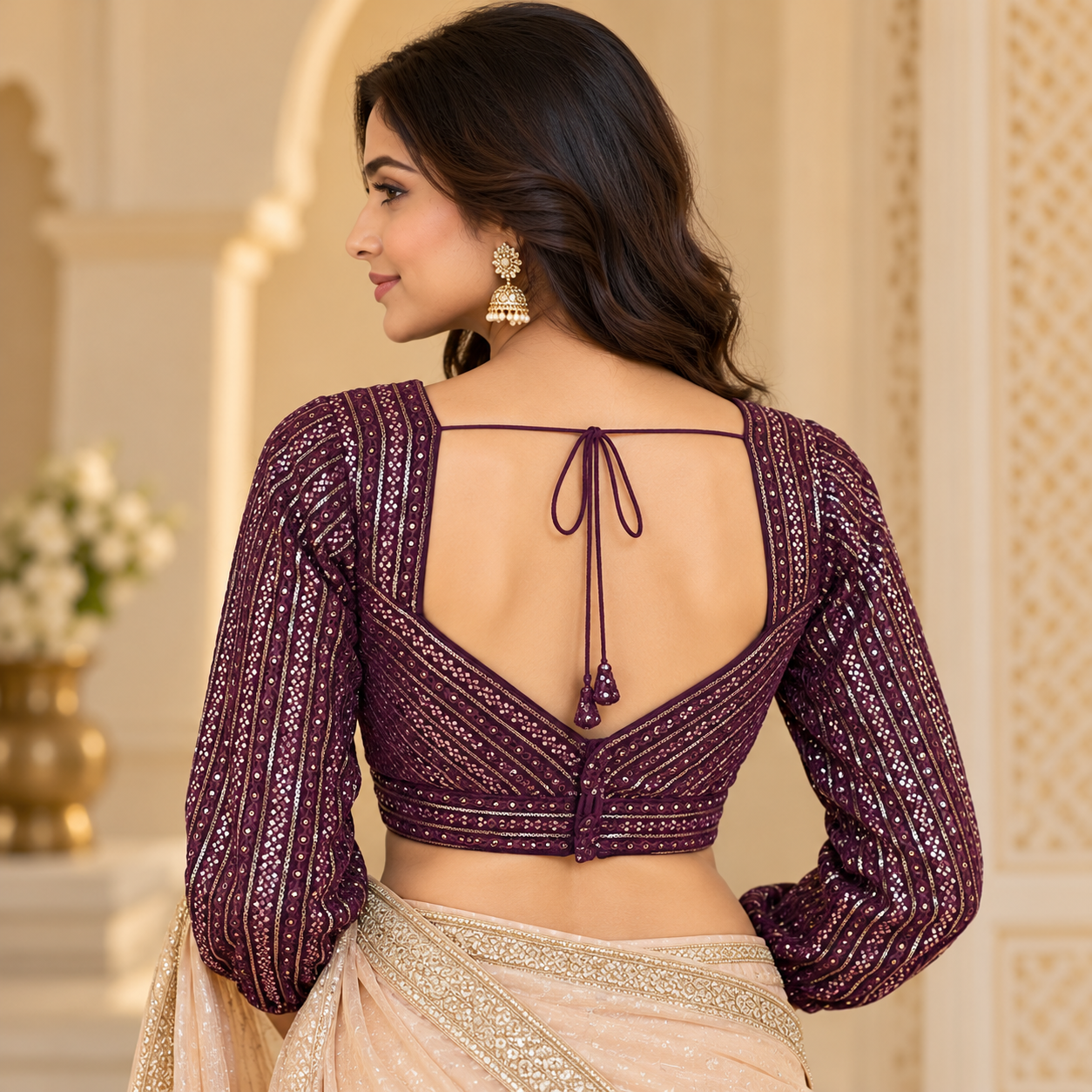 Elegant Deep Plum Sequin Designer Blouse with Long Sleeves – Premium Ethnic Wear