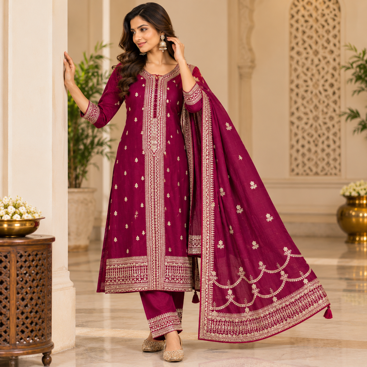 Elegant Plum Embroidered Salwar Suit with Designer Dupatta