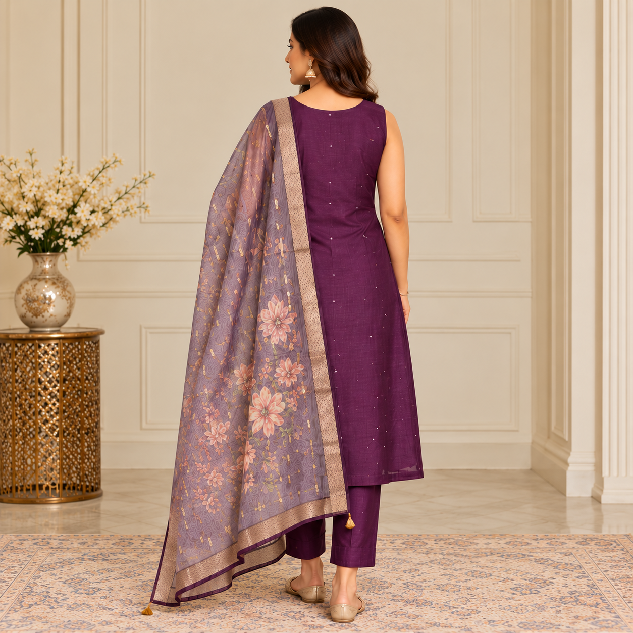 Elegant Plum Purple Embroidered Kurta Set with Floral Dupatta