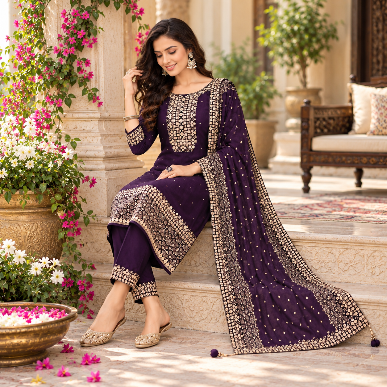 Elegant Plum Purple Embroidered Salwar Suit with Designer Chunni