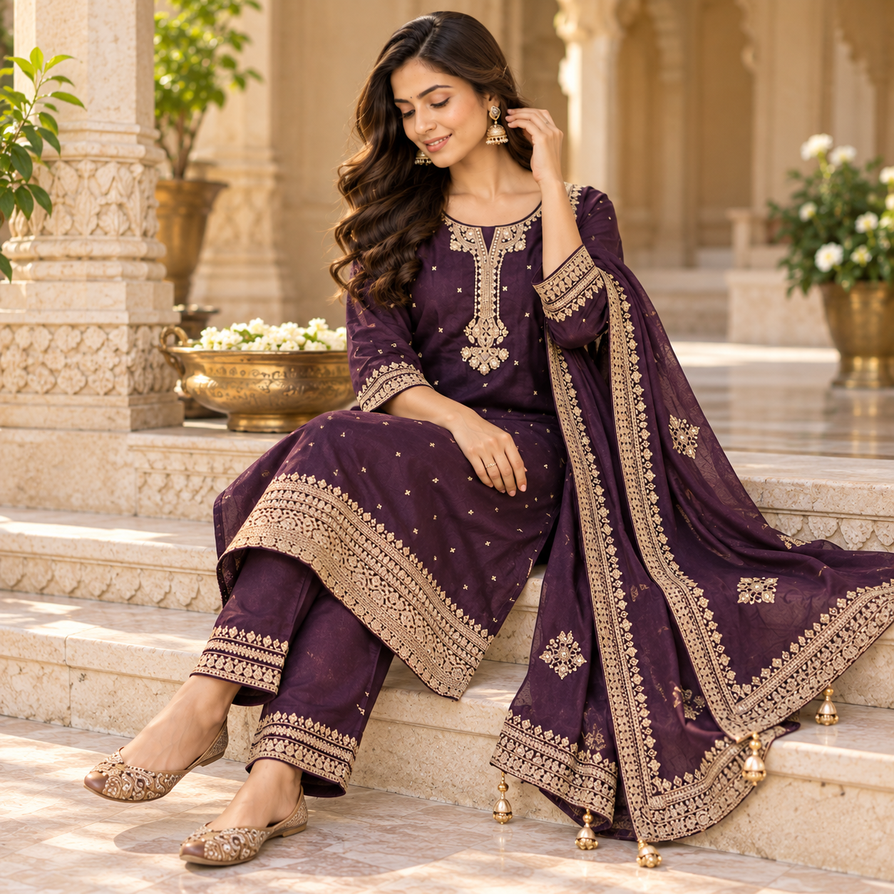 Elegant Plum Purple Embroidered Salwar Suit Set with Gold Zari Work