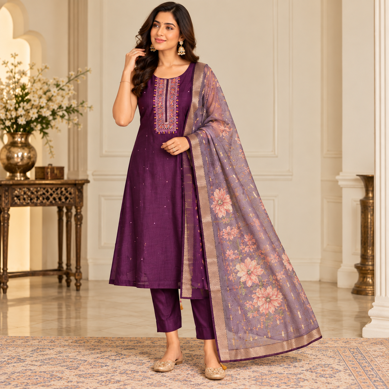 Elegant Plum Purple Embroidered Kurta Set with Floral Dupatta