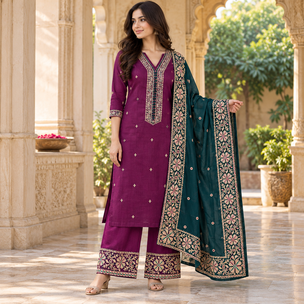 Wine Purple Embroidered Kurta Set with Teal Dupatta