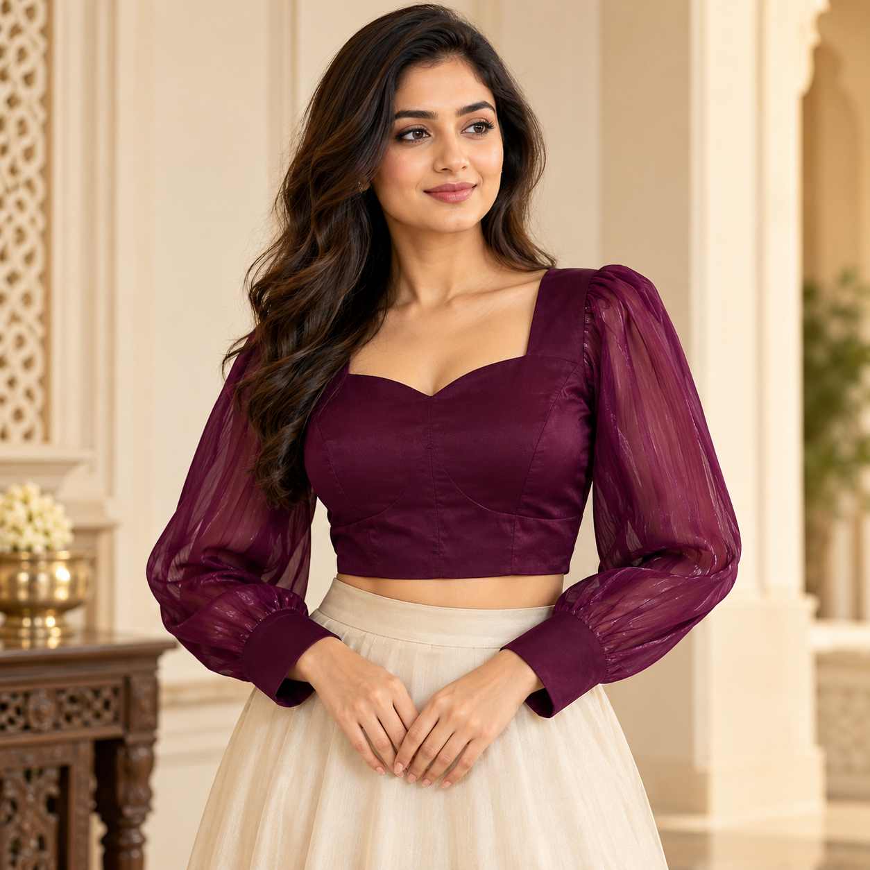 Elegant Deep Plum Sheer Puff Sleeve Designer Blouse for Women