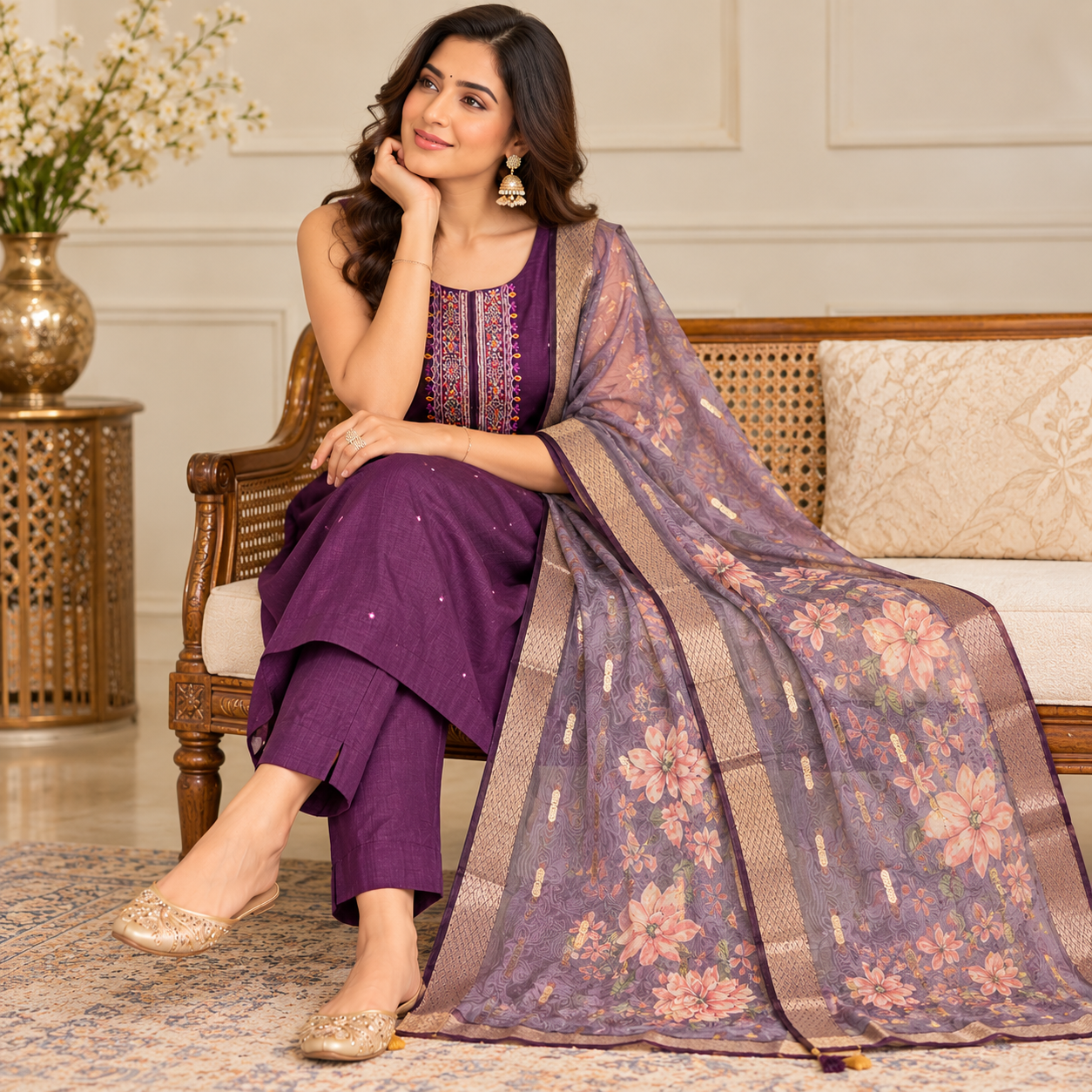 Elegant Plum Purple Embroidered Kurta Set with Floral Dupatta