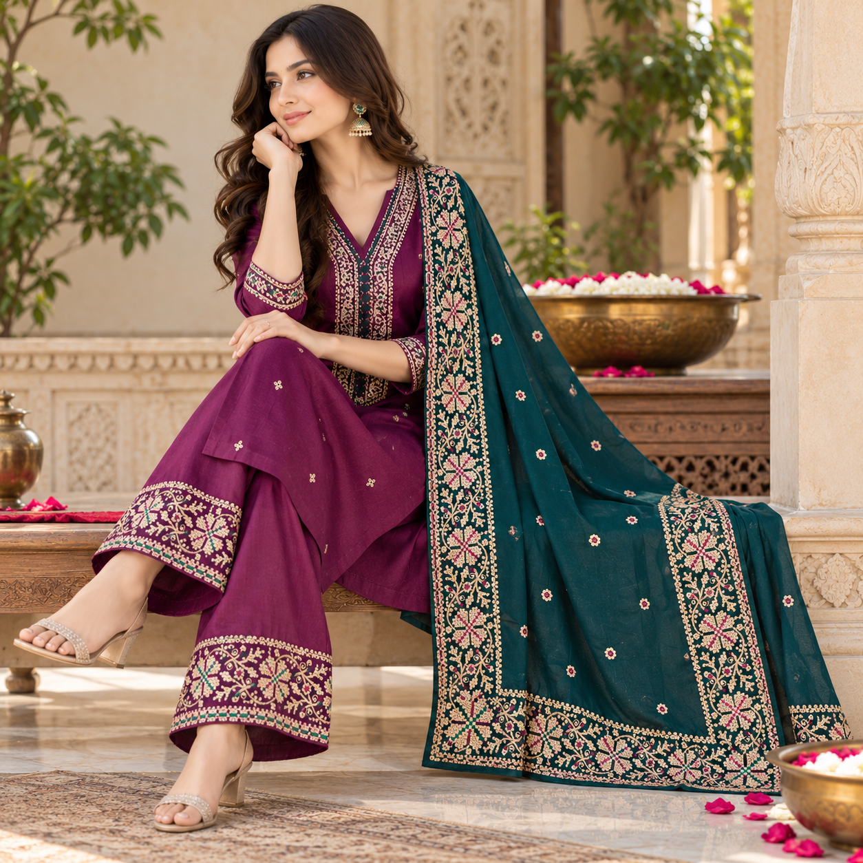 Wine Purple Embroidered Kurta Set with Teal Dupatta
