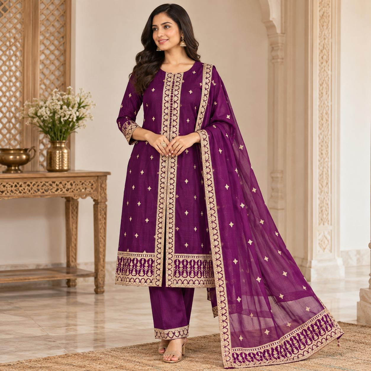 Regal Plum Purple Embroidered Anarkali Suit Set with Dupatta