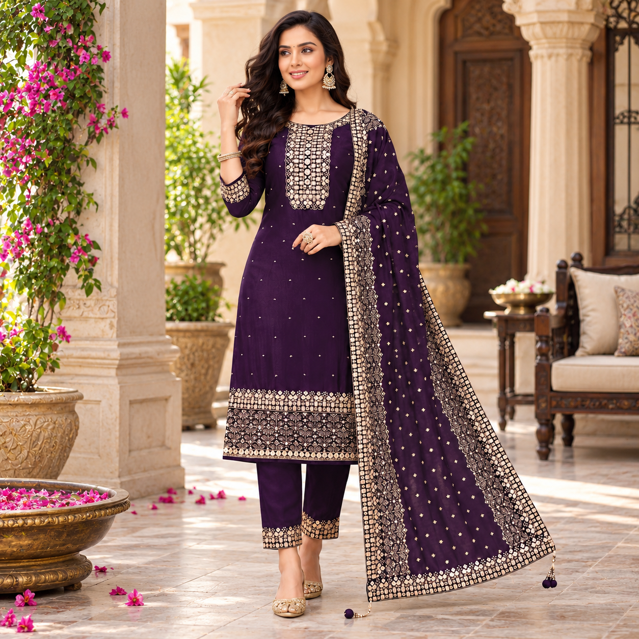 Elegant Plum Purple Embroidered Salwar Suit with Designer Chunni