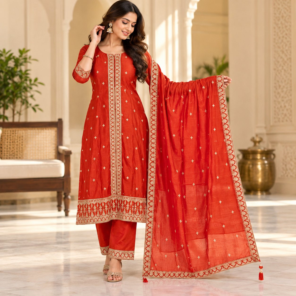 Elegant Rust-Red Embroidered Salwar Suit with Dupatta