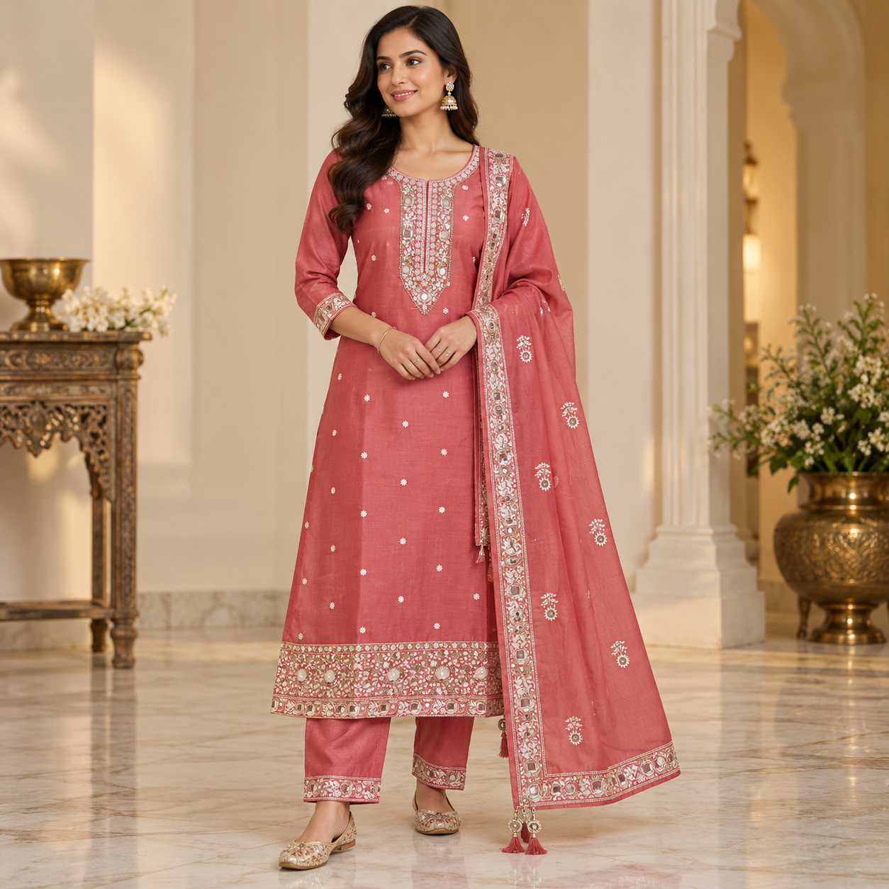 Dusty Rose Pink Embroidered Kurta Set with Matching Bottoms and Designer Dupatta
