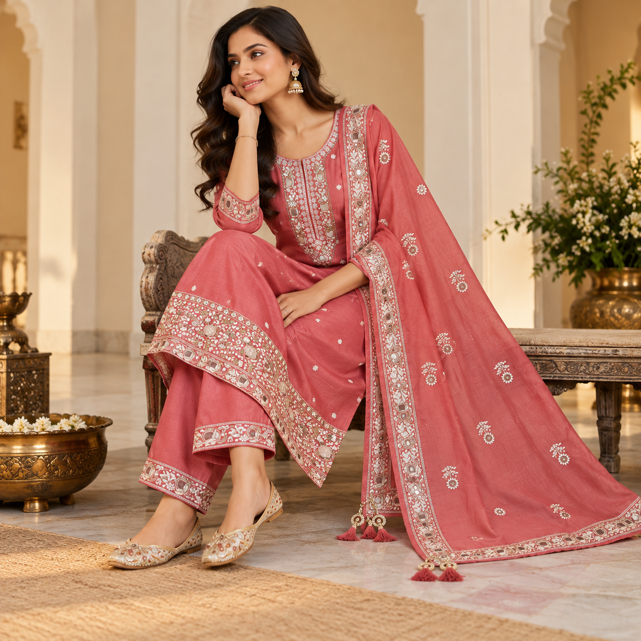 Dusty Rose Pink Embroidered Kurta Set with Matching Bottoms and Designer Dupatta